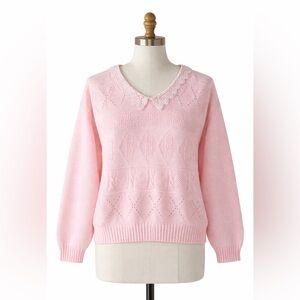 Vintage Grace Pink Knit Sweater Lace Collar Cottagecore Made in Canada S/P Small